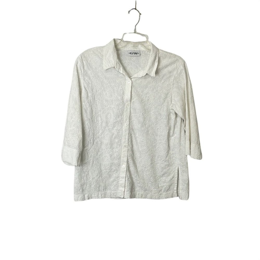 Graff Wear Womens White Cotton 3/4 Sleeves Spread Collar Button Front Shirt Sz L